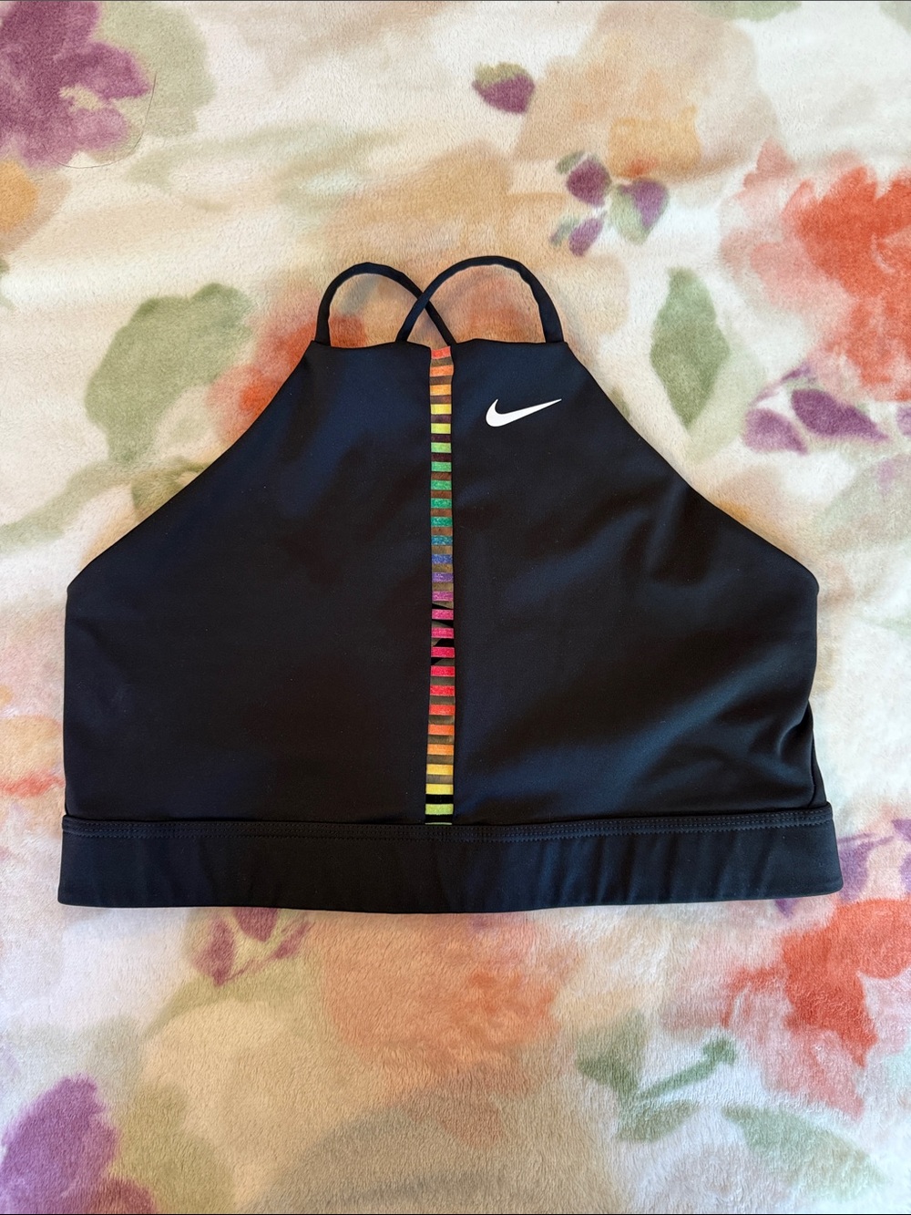 Nike Black High-Neck Swim Top with Vertical Rainbow Stripe
